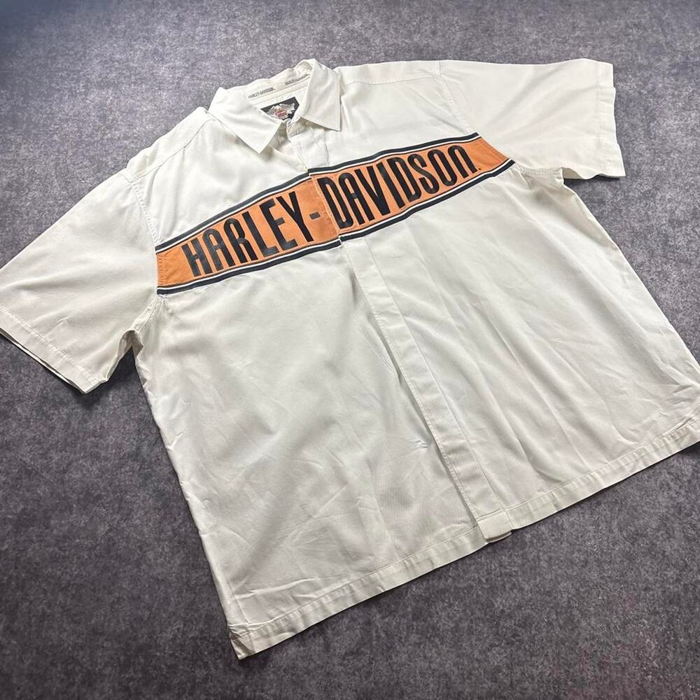 Harley-Davidson American Legend Mens 2XL Button Up Shirt Orange Black White Y2K